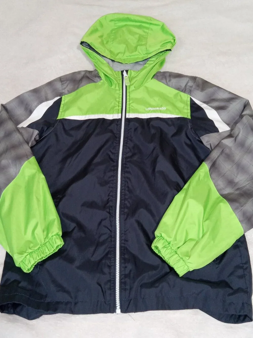 Boys London Fog Windbreaker Jacket L 14/16 Hooded Lightweight Green Gray
